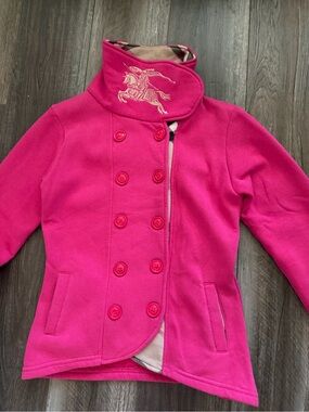 Burberry Hot Pink Double-Breasted Pea Coat with Embroidered Collar